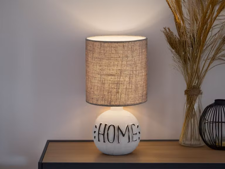 Lampada da tavolo a LED Base in Vetroceramica con scritta HOME Paralume in tessuto marrone