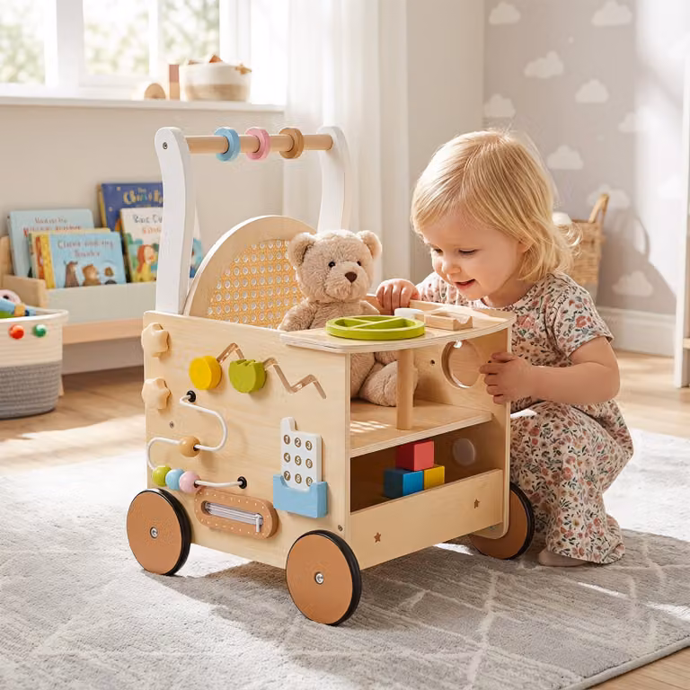 Girello multifunzionale Montessori Costway per bambini dai 12 mesi con ruote antiscivolo e scomparto nascosto, marrone e multicolore