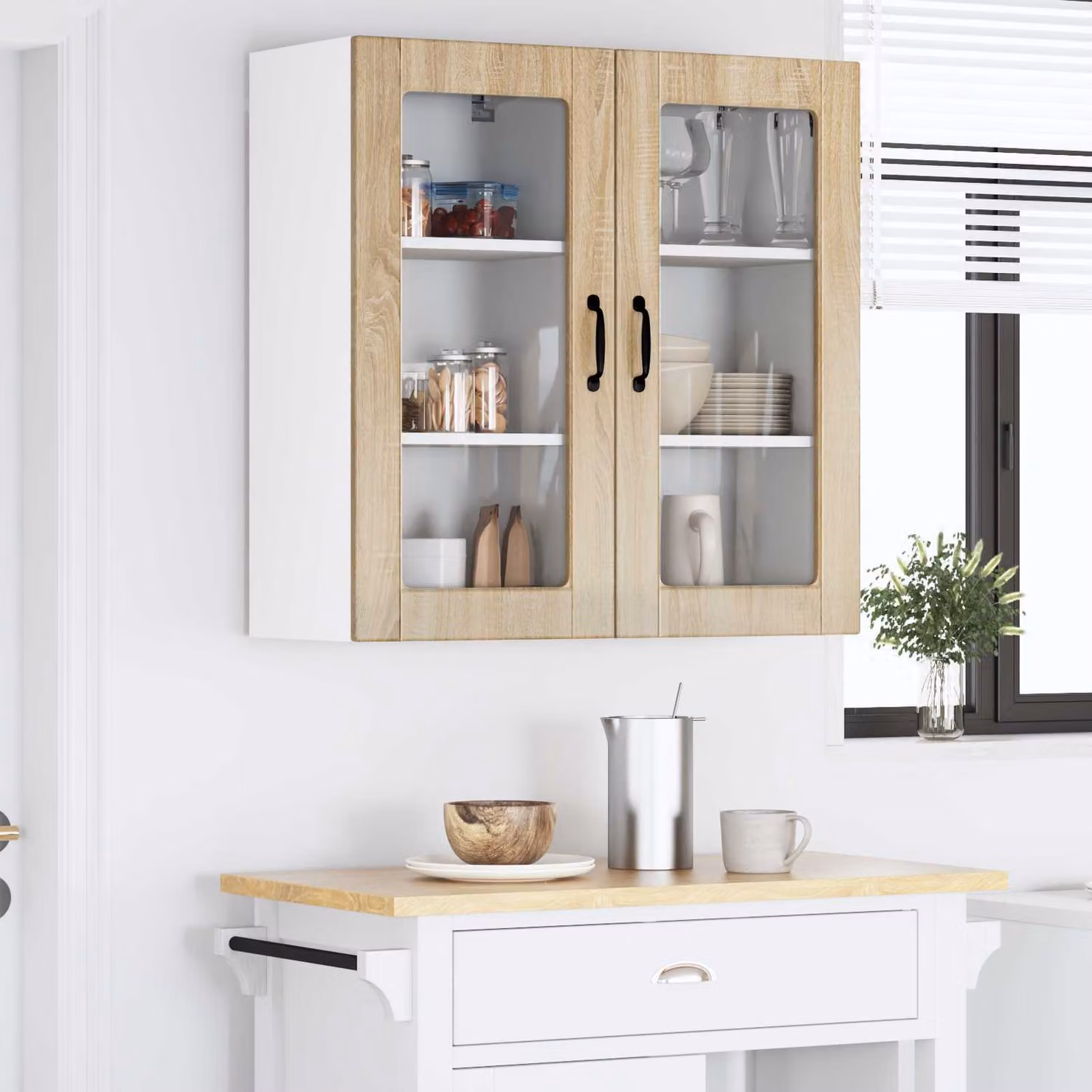 Set di 2 mobili da parete LUCCA vidaXL con ante in vetro e ripiani interni, colore Rovere Sonoma/Marrone, L/P/H: 80 x 31 x 40 cm