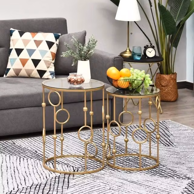 Set di 2 Tavolini da Salotto con Piano in Vetro, Design Cerchio e Sfera, Ø41 x 57 cm, Oro