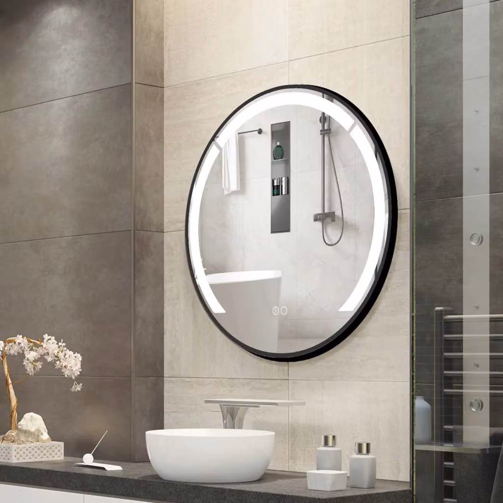 Specchio da bagno rotondo DESIGN IN con cornice in alluminio nero, LED dimmerabile a 3 colori e funzione antifog, Diametro: 60 cm – 2