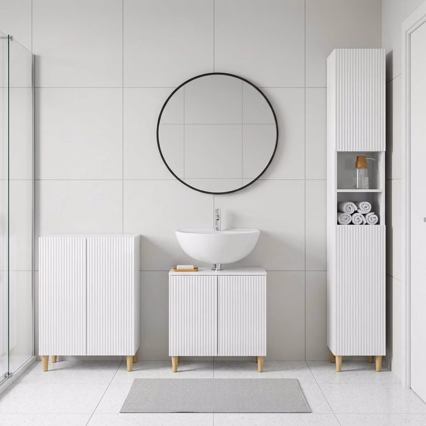 Set di mobili da bagno vidaXL ARNHEM in 3 pezzi, bianco lucido, con mobile lavabo e pensili