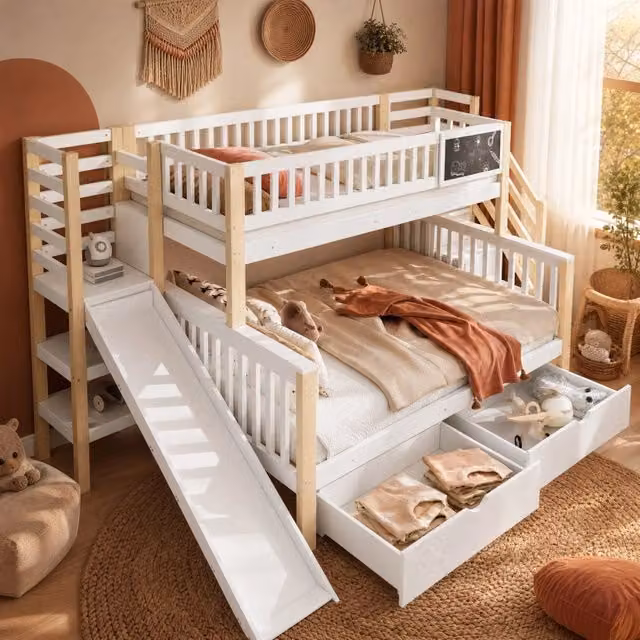 Letto a castello MIVRAY in legno di pino bianco per bambini con scala, contenitore e lavagna, dimensioni L/P/H: 200 x 90 x 161,5 cm e 200 x 140 x 148,5 cm – 1