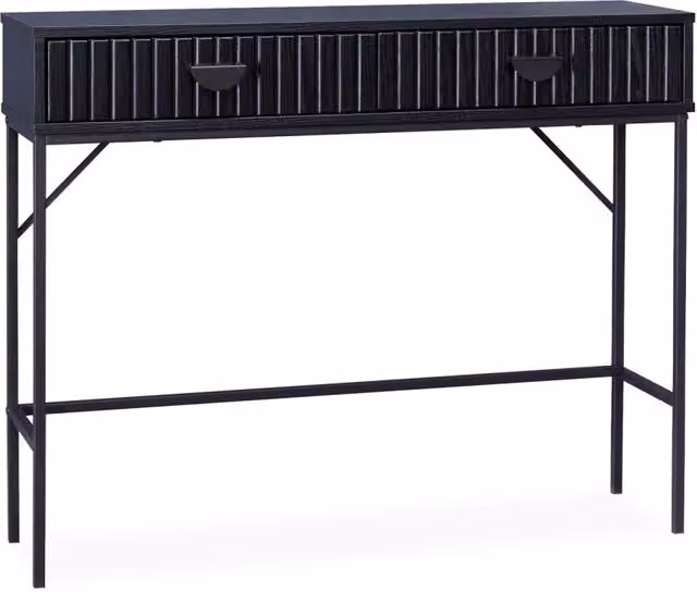 Consolle moderna Sweeek con effetto legno scanalato e 2 cassetti, colore nero, L: 100 cm