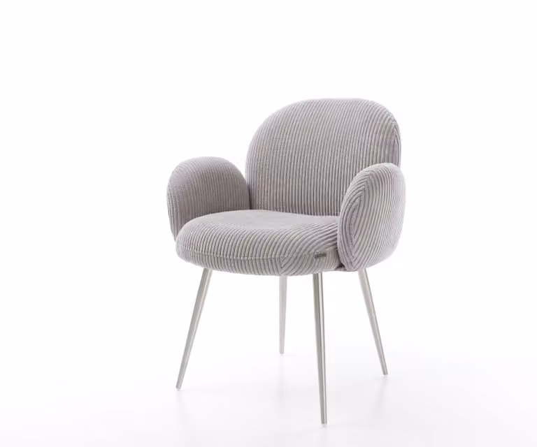 Sedia da pranzo DELIFE Nube-Flex con braccioli in corda grigio argento, 4 gambe coniche in acciaio inossidabile, molle insacchettate