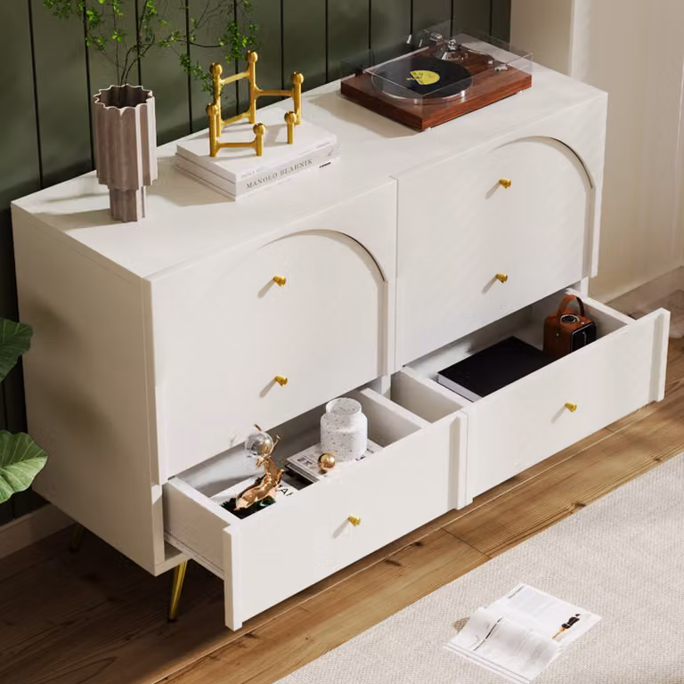 okwish Commode 120x40x85 cm con 6 cassetti e gambe in metallo per camera da letto, bianco