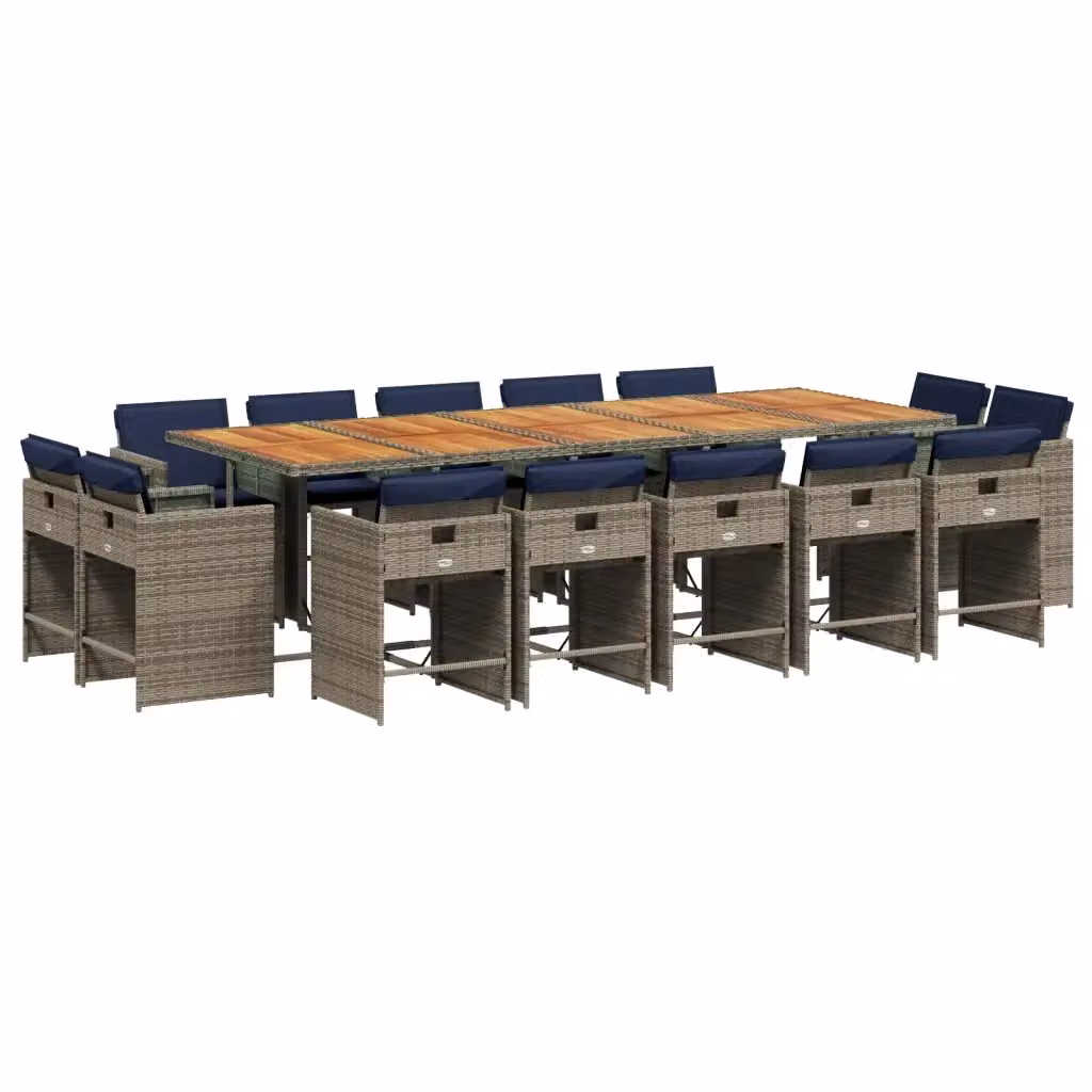 Set da pranzo da giardino vidaXL in polyrattan e legno di acacia con 15 pezzi e cuscini, tavolo rettangolare estensibile grigio – 2