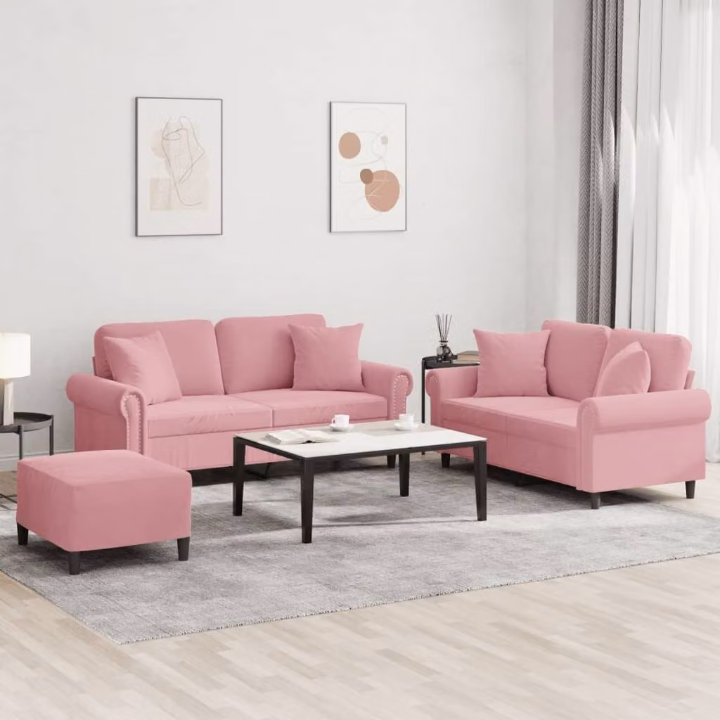 Maison Exclusive - Set divano a 3 pezzi con cuscini in velluto rosa