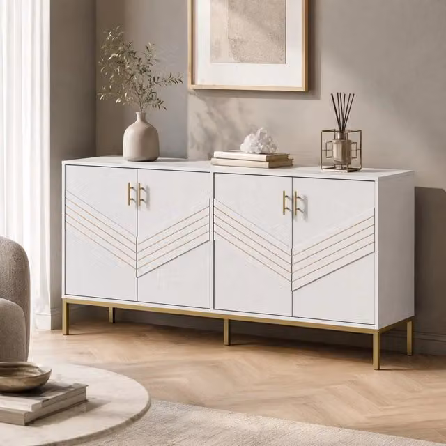 Credenza moderna con design geometrico e finitura lucida in MDF e metallo, disponibile nei colori bianco, oro o marrone, L: 80,5 cm, P: 40 cm, H: 41 cm