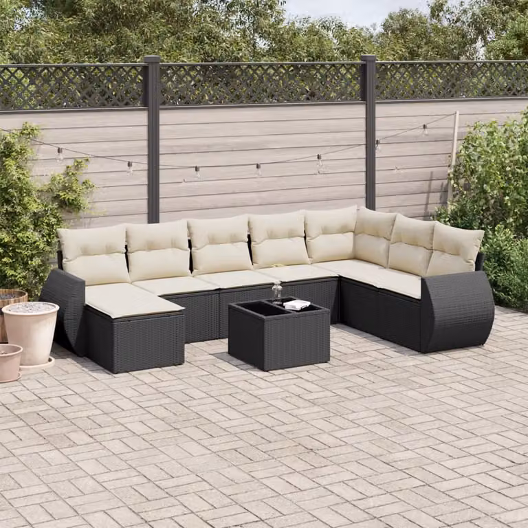vidaXL Set Divani da Giardino 9 pz in Polyrattan Nero con Cuscini e Tavolino da Esterno