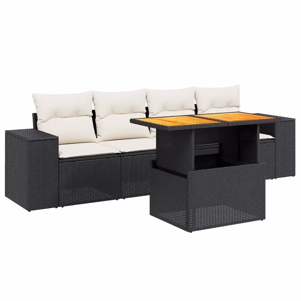 vidaXL Set Divani da Giardino 5 Pezzi con Cuscini e Tavolino in Polyrattan e Legno di Acacia Nero e Bianco – 2