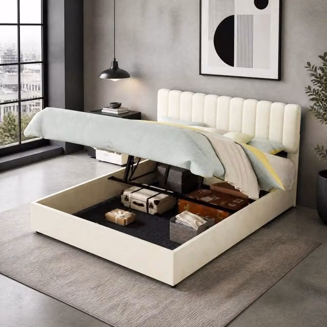 Letto contenitore matrimoniale 160 × 200 cm, testiera imbottita e sollevamento a gas, senza materasso, beige