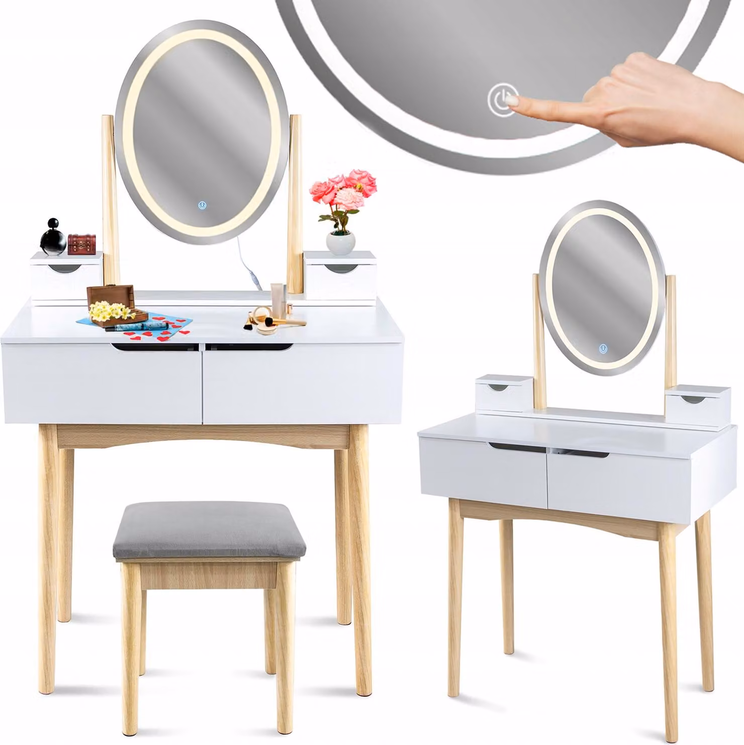 JUMI: toeletta con specchio cosmetico a LED, stile scandinavo, bianca, con sgabello