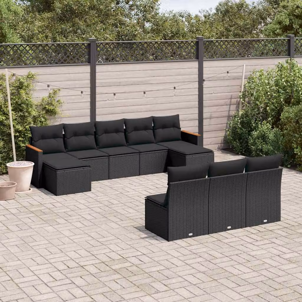 vidaXL Set Divani da Giardino a L in Polyrattan Nero con Cuscini e Ottoman – 1