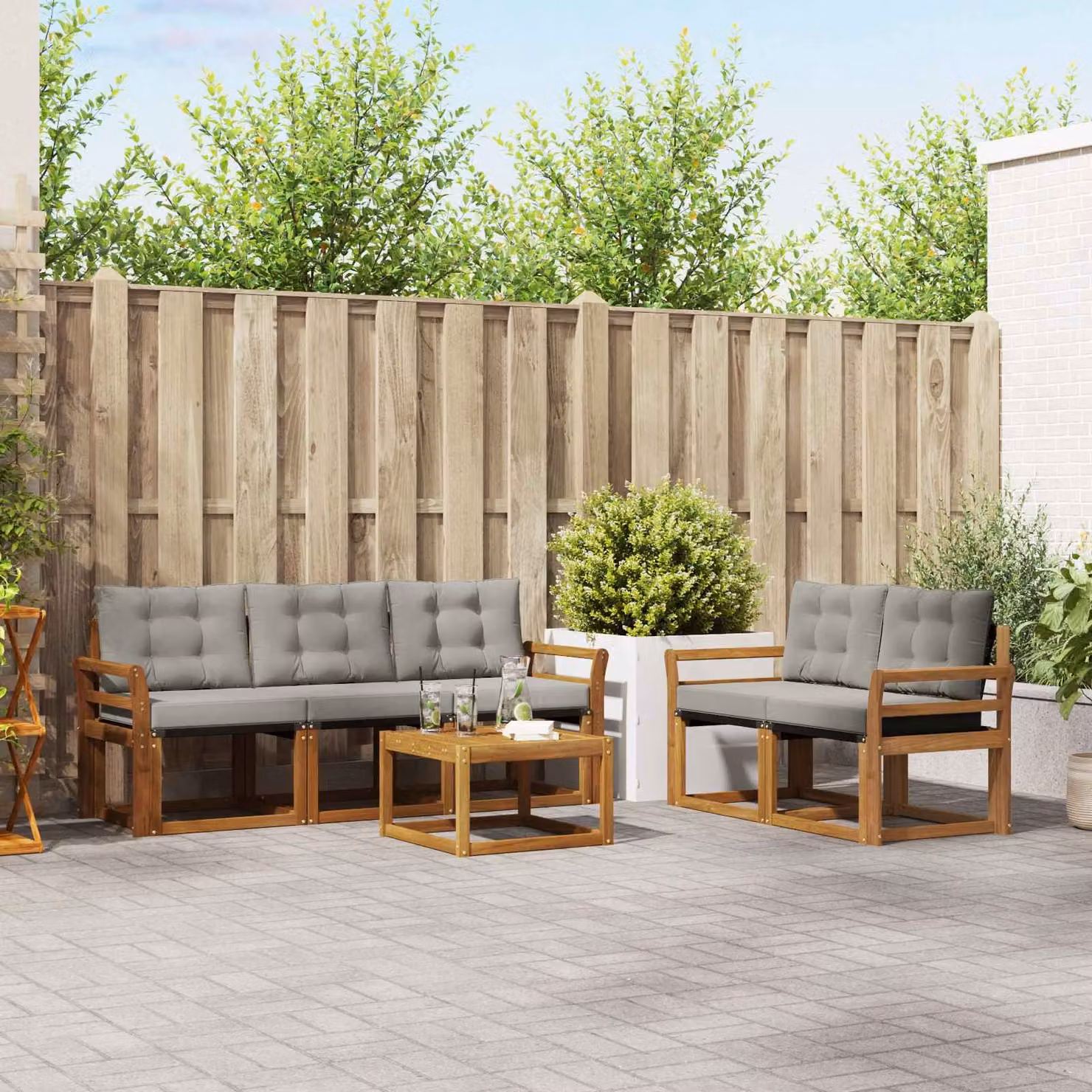 Set di divani da esterno vidaXL 6 pezzi in legno di acacia e textilene, colore grigio e marrone, con tavolino da caffè e cuscini inclusi