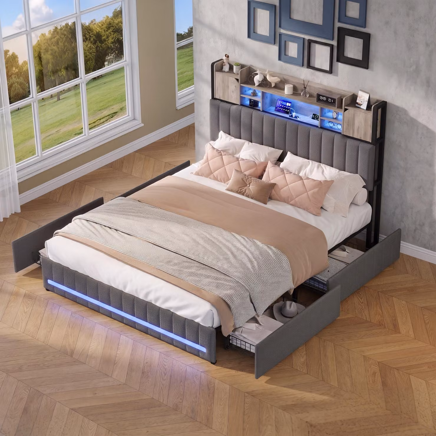 Letto imbottito INONEFT, 140x190 cm, con porta USB e illuminazione LED, letto matrimoniale con contenitore e 4 cassetti, testiera con spazio contenitore, rete a doghe, lenzuola, colore grigio