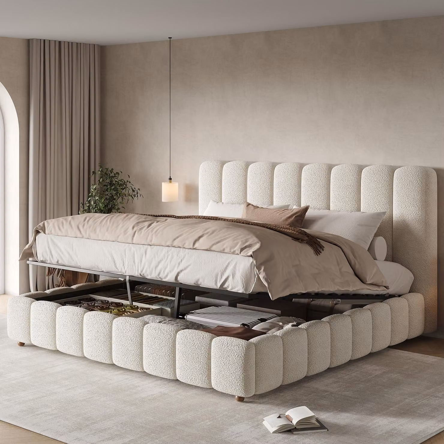 Letto idraulico imbottito 160x200 cm con rete a doghe, letto contenitore idraulico con testiera imbottita, letto matrimoniale in tessuto bouclé, bianco