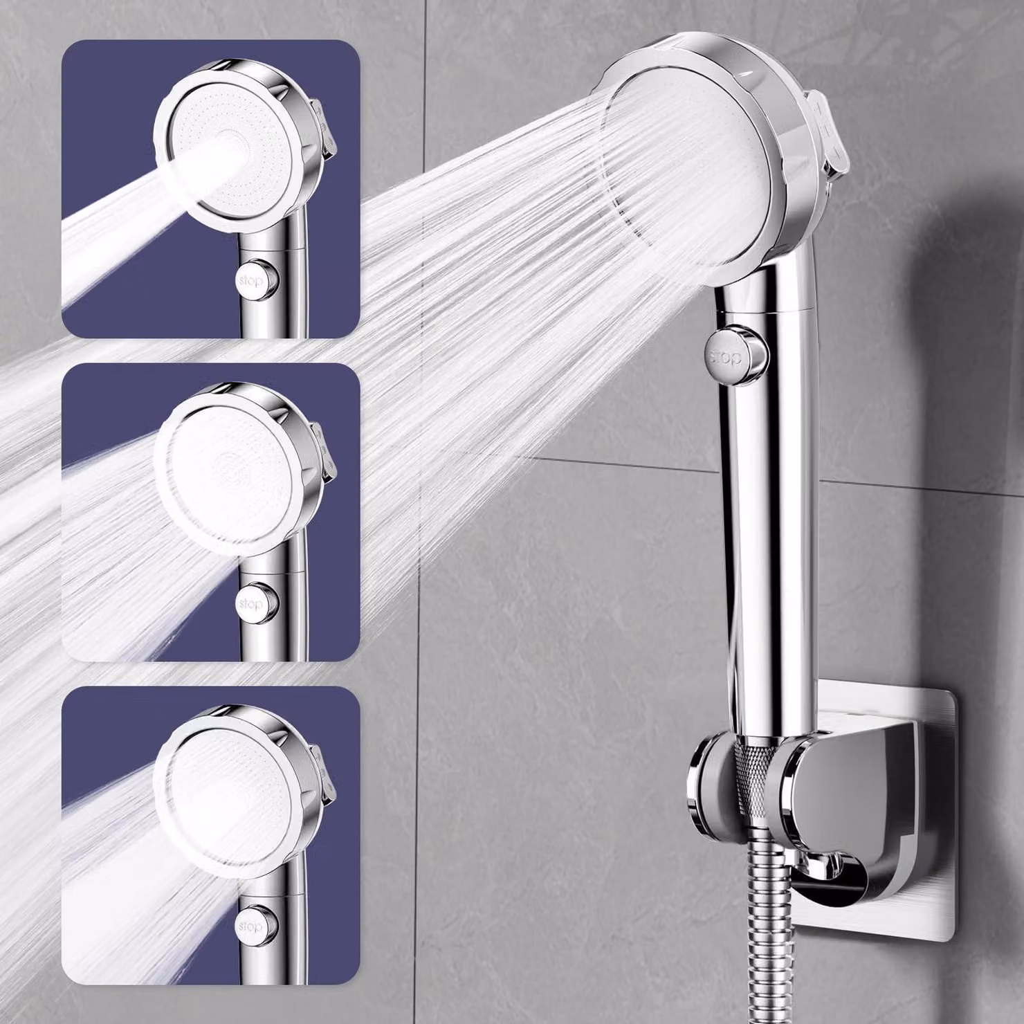 Testina doccia a risparmio idrico con filtro, 3+1 modalità di spruzzo, soffione manuale ad alta pressione con tubo flessibile e supporto, interruttore on/off, cromata