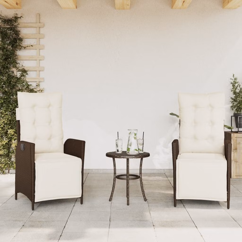 Set di 2 sedie da giardino reclinabili con poggiapiedi vidaXL in polyrattan e metallo, marrone e bianco