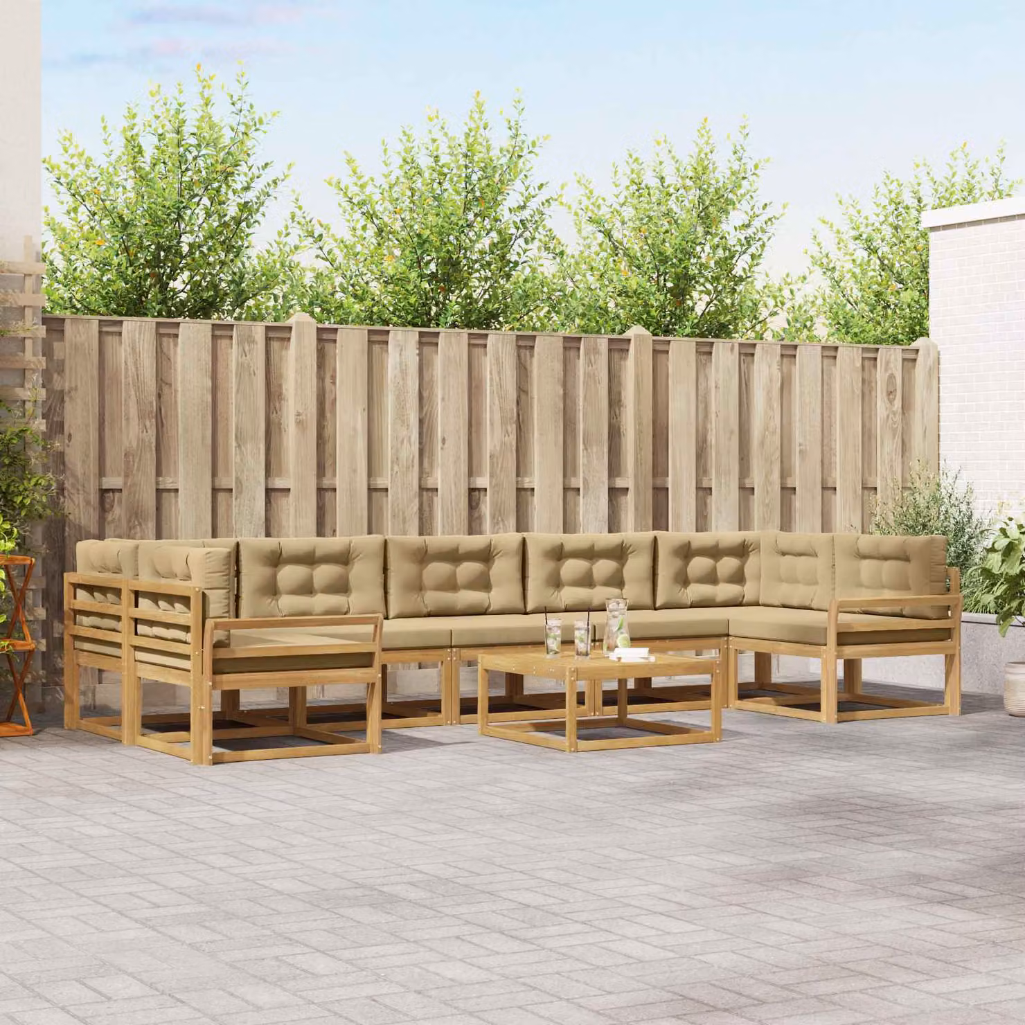 Set di divani da esterno vidaXL a forma di L in legno di acacia con tavolo da caffè, 6 pezzi, Bianco e Beige