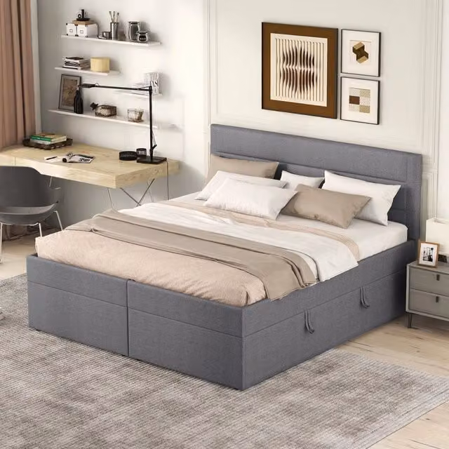 Desviae Letto contenitore 140 × 200 cm 2 posti con ampio vano, senza materasso, in legno massiccio e MDF, grigio