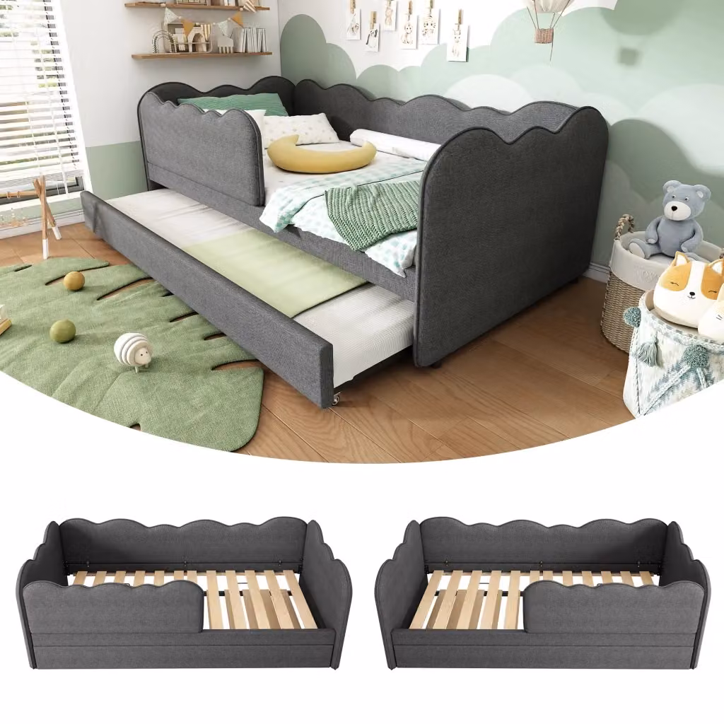 Letto Mivray con letto estraibile e schienale imbottito in tessuto grigio, L/P: 90 x 190 cm – 2