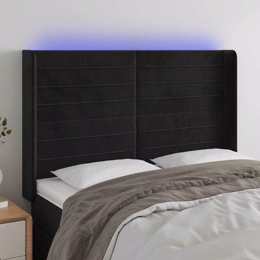 Testiera per letto vidaXL in velluto nero con illuminazione LED e porta di ricarica USB, L 147 cm, P 16 cm, H 118/128 cm