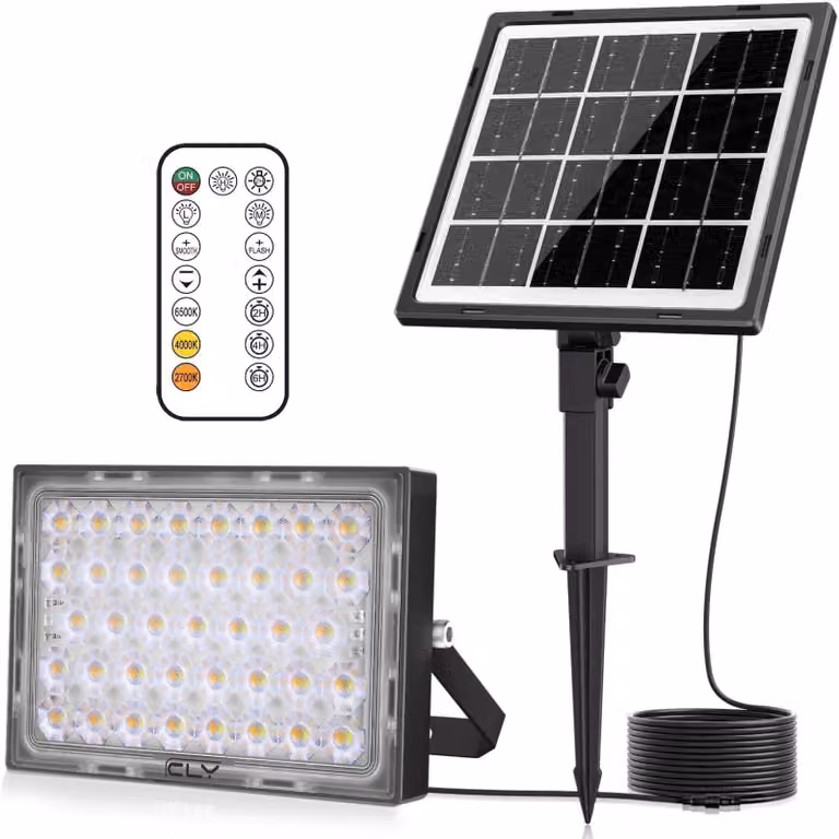 Faretto solare a LED da 30W, 2600 lumen, grado di protezione IP66, con telecomando