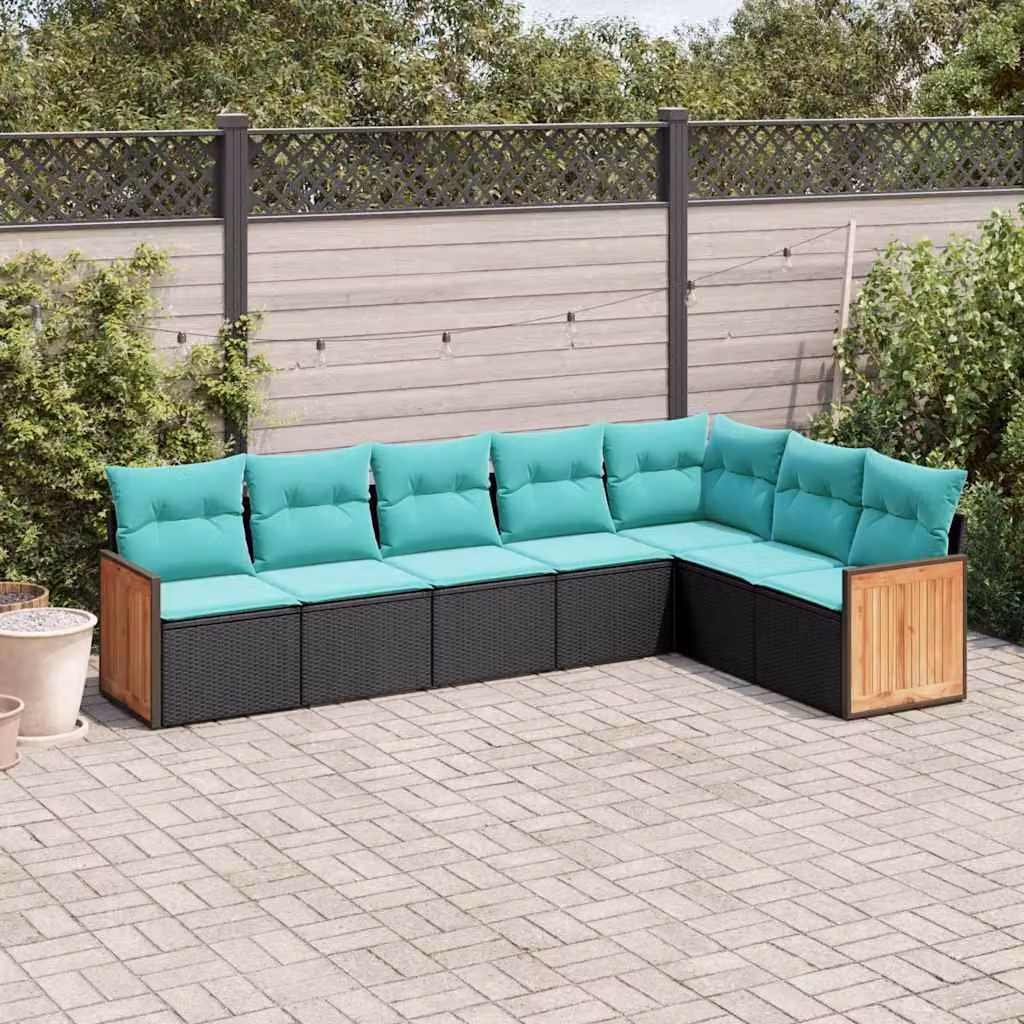 Set di divani da giardino vidaXL in polyrattan nero con cuscini e struttura in legno di acacia, composizione a L con 7 pezzi e coperture rimovibili resistenti ai raggi UV