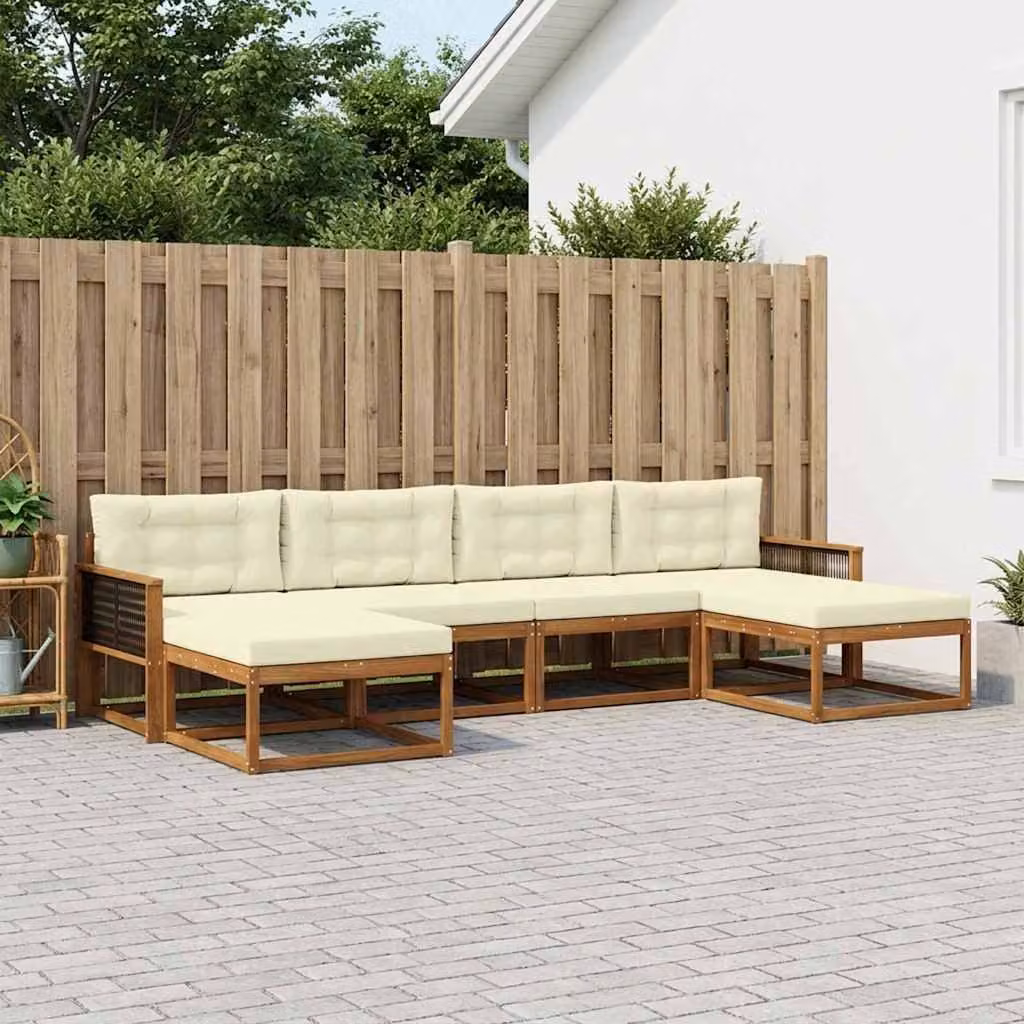 Set di divani da esterno vidaXL a forma di L composto da 6 pezzi in legno di acacia con cuscini, colori beige, bianco e marrone