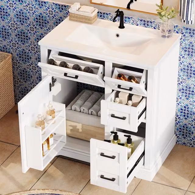 Mobile Sottolavabo Minimal con Lavabo Integrato in Ceramica Bianco Laccato con Chiusura Soft Close L/P/H: 76 x 47 x 82 cm – 1