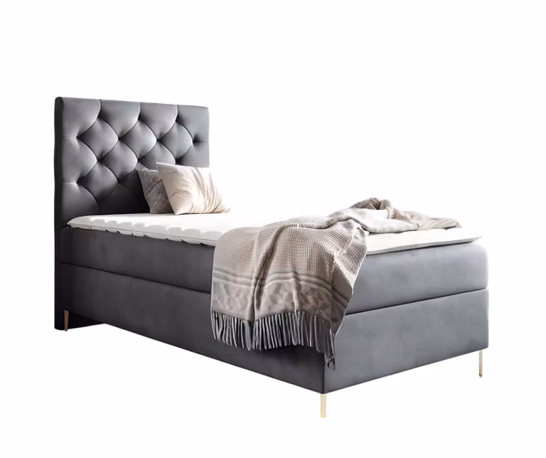 Letto imbottito GUTTO modello LIDIA, dimensioni 90 x 200 cm. Include contenitore portaoggetti, materasso topper da 5 cm, rivestito in velluto grigio con gambe dorate