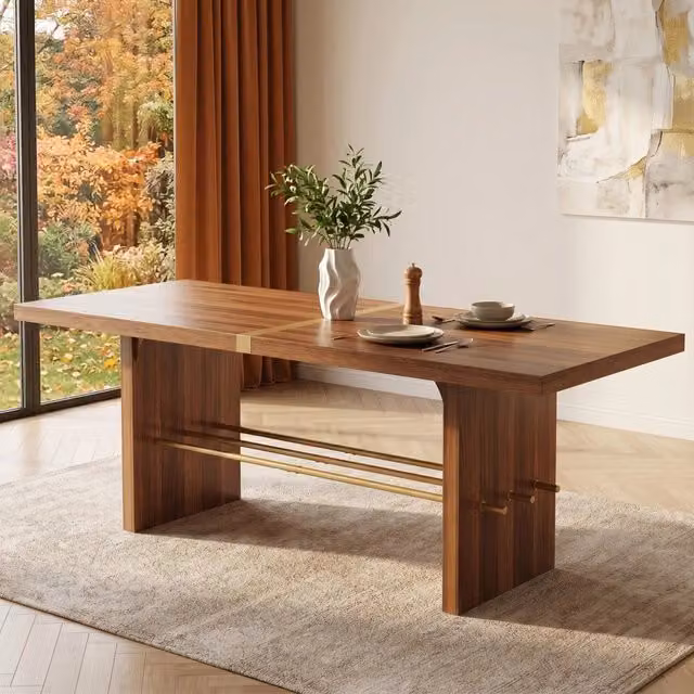 Tavolo da pranzo moderno REDOM rettangolare in MDF laminato, colore noce e oro, L: 180 cm, P: 75 cm, H: 75 cm