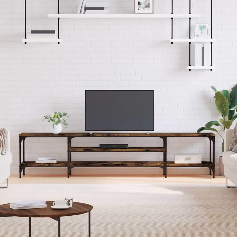 Mobile TV vidaXL in stile industriale in legno e metallo, colore rovere fumo, L: 201 cm, P: 35 cm, H: 45 cm