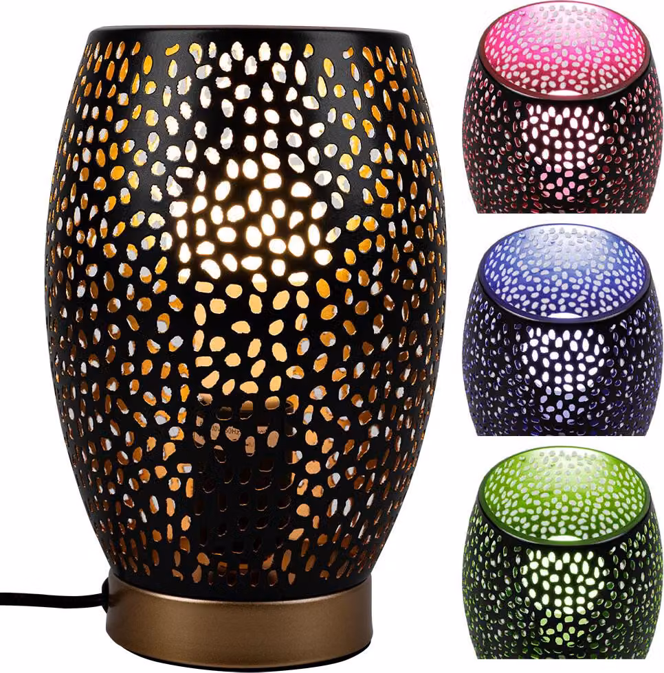 Lampada da tavolo LED RGB, nero oro, paralume con decorazioni traforate
