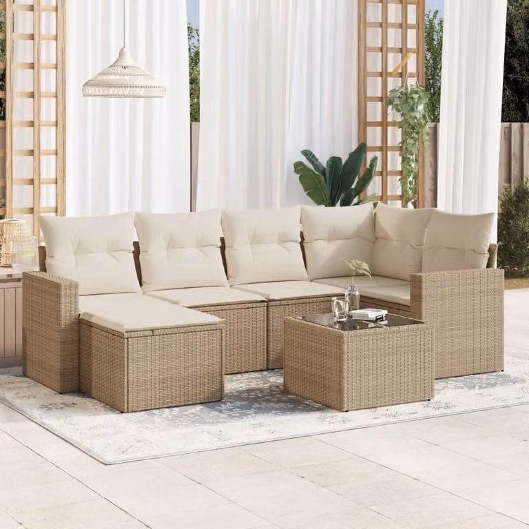 vidaXL Set Divani da Giardino 7 pz a Forma a L con Cuscini Beige e Tavolino in Polyrattan e Metallo