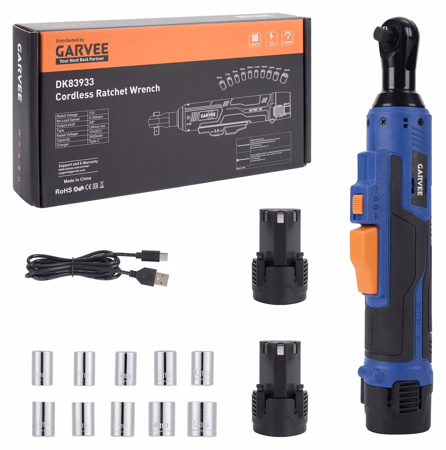 Set di chiavi a cricchetto elettriche - Chiave a cricchetto wireless a 12 V - 10 inserti - Attacco da 0,95 cm - Coppia di serraggio di 45 Nm - 0-300 giri/min - Connessione USB-C - Senza custodia