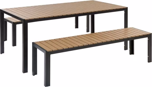 Set da Pranzo da Giardino Beliani con Tavolo Rettangolare e 2 Panche in Alluminio e Legno, Colore Marrone e Nero