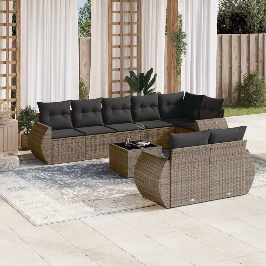 vidaXL Set Divano da Giardino a L 9 pz in Polyrattan Grigio con Cuscini e Tavolino – 1