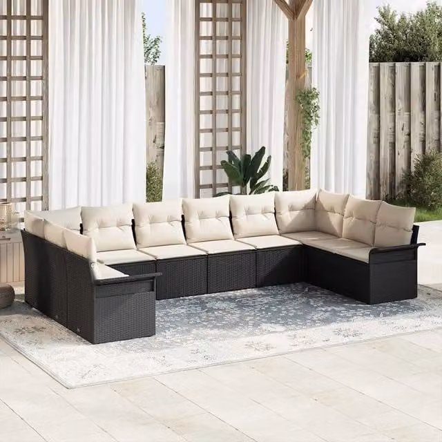 Set Divano da Giardino Moderno vidaXL in Polyrattan Nero con Cuscini e Tavolino da Esterno a Forma di L – 1
