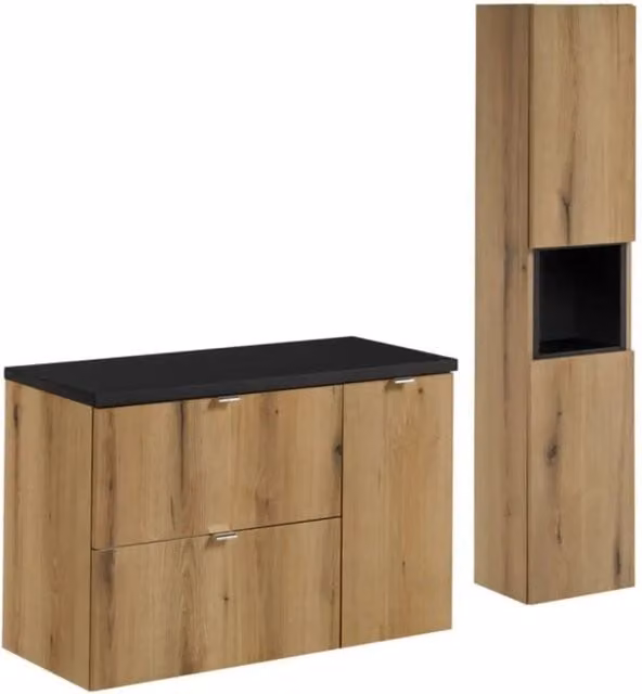Set da bagno VANO effetto rovere e nero 120cm: mobile sottolavabo con cassetti e armadietti + piano per lavabo + colonna