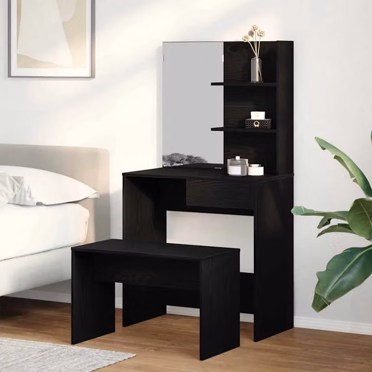 Set da trucco vidaXL composto da 2 pezzi in stile moderno, colore rovere e nero, L: 74,5 cm, P: 40 cm, H: 141 cm