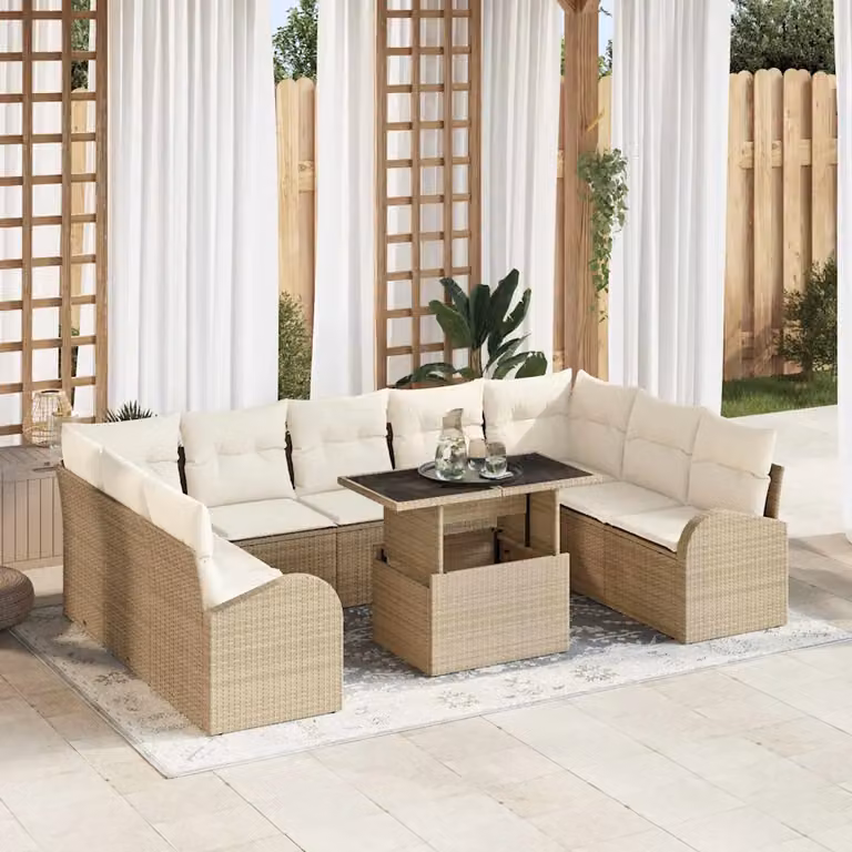 Set Divano da Giardino vidaXL 10 Pezzi Beige con Cuscini e Tavolino in Poly Rattan e Acciaio
