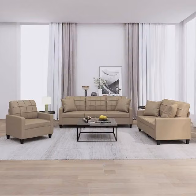 Set di divani 3 pezzi vidaXL in similpelle beige con cuscini per soggiorno moderno