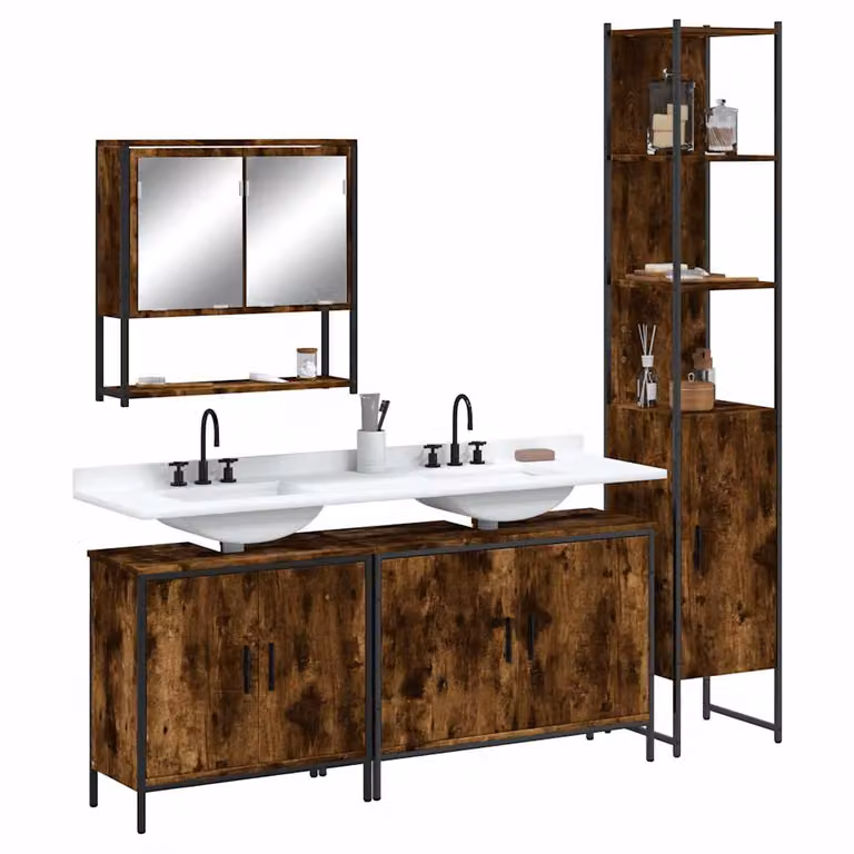 Set di mobili da bagno vidaXL 4 pezzi in legno rovere marrone con specchio, mobile lavabo e armadietto alto in stile industriale
