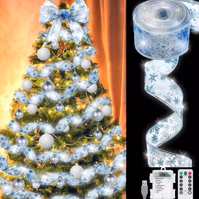 Catena luminosa a LED, 10 metri, 100 LED, a forma di fiocchi di neve, filo di rame, con timer