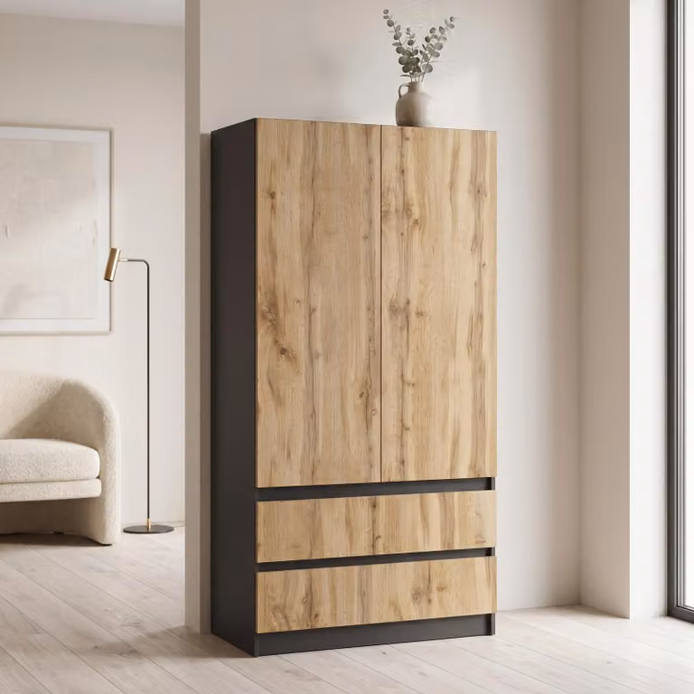Armadio Novela, antracite / Wotan a 2 ante | Armadio moderno per camera da letto 90 x 180 x 50 cm | Armadio guardaroba per ingresso e camera dei bambini, capiente