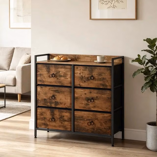Cassettiera 80x29x78 cm con 6 cassetti in tessuto; metallo e legno marrone rustico e nero