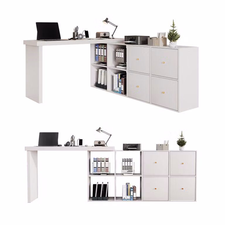 Scrivania angolare AIORBER girevole a 360° con 8 scomparti e 4 cassetti, a forma di L o diritta, MDF rinforzato da 4 cm, multifunzionale, bianca