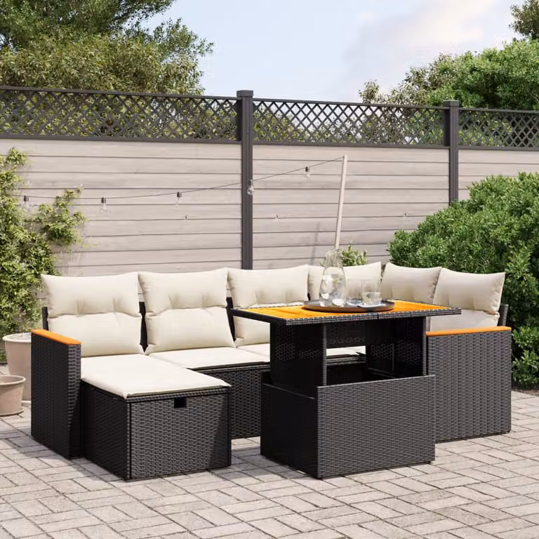 vidaXL Set Divani da Giardino a L in Polyrattan con Cuscini e Tavolino, 7 Pezzi, Nero e Bianco